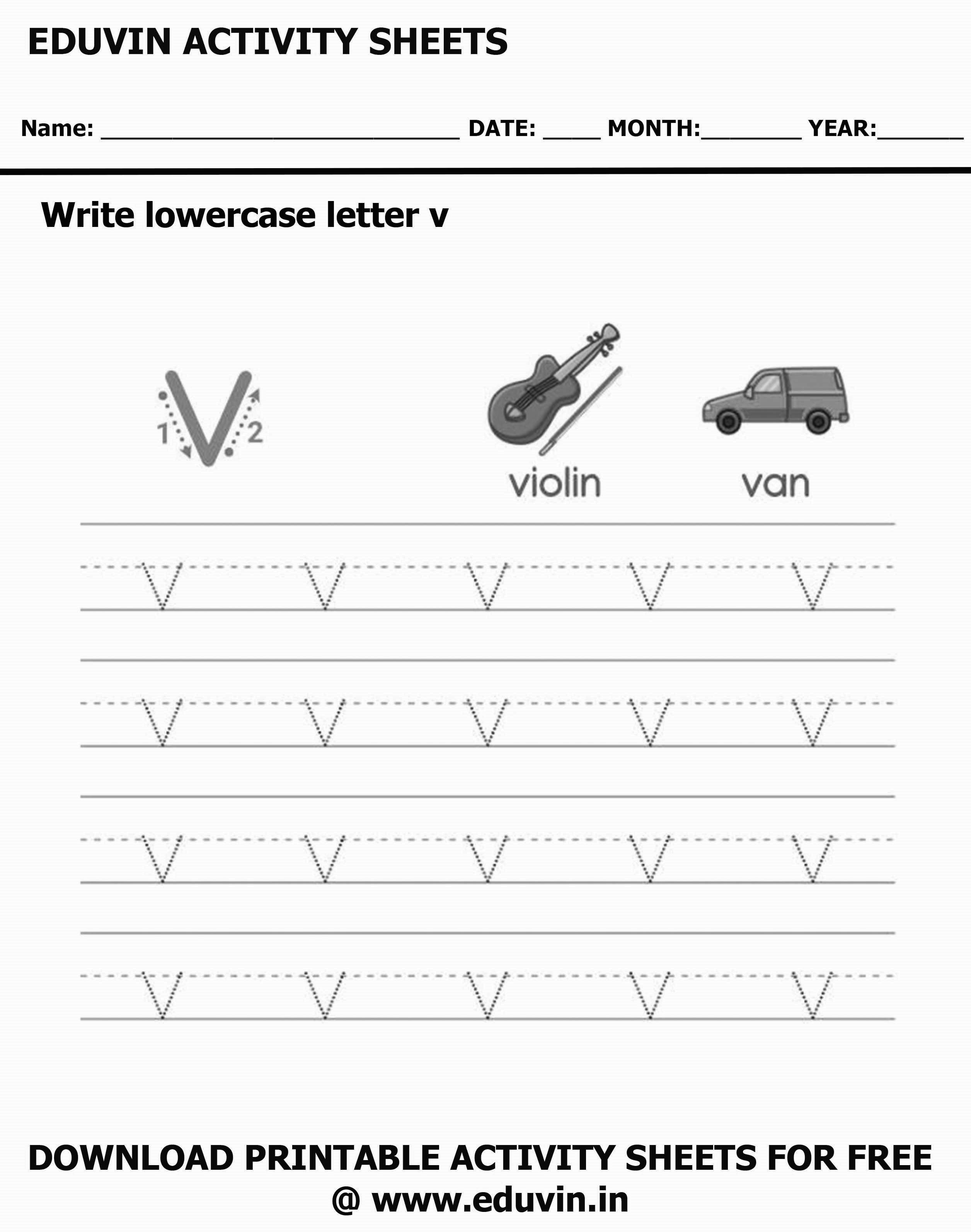 Lowercase Alphabet v Worksheets | Letter v Trace and Write Activity Sheet For Tracing and Letter Writing For Kids
