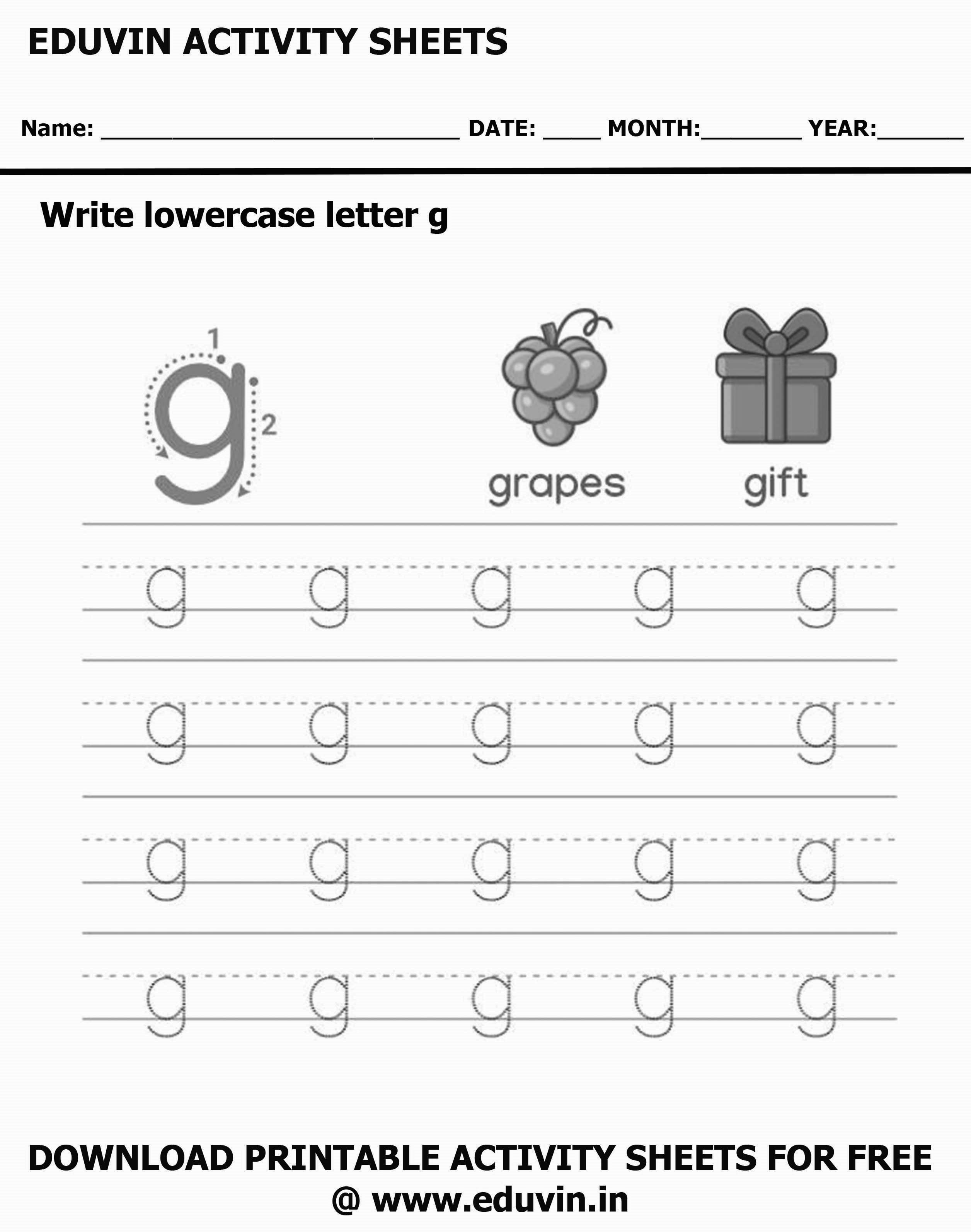 Lowercase Alphabet g Worksheets | Letter g Trace and Write Activity Sheet For Tracing and Letter Writing For Kids