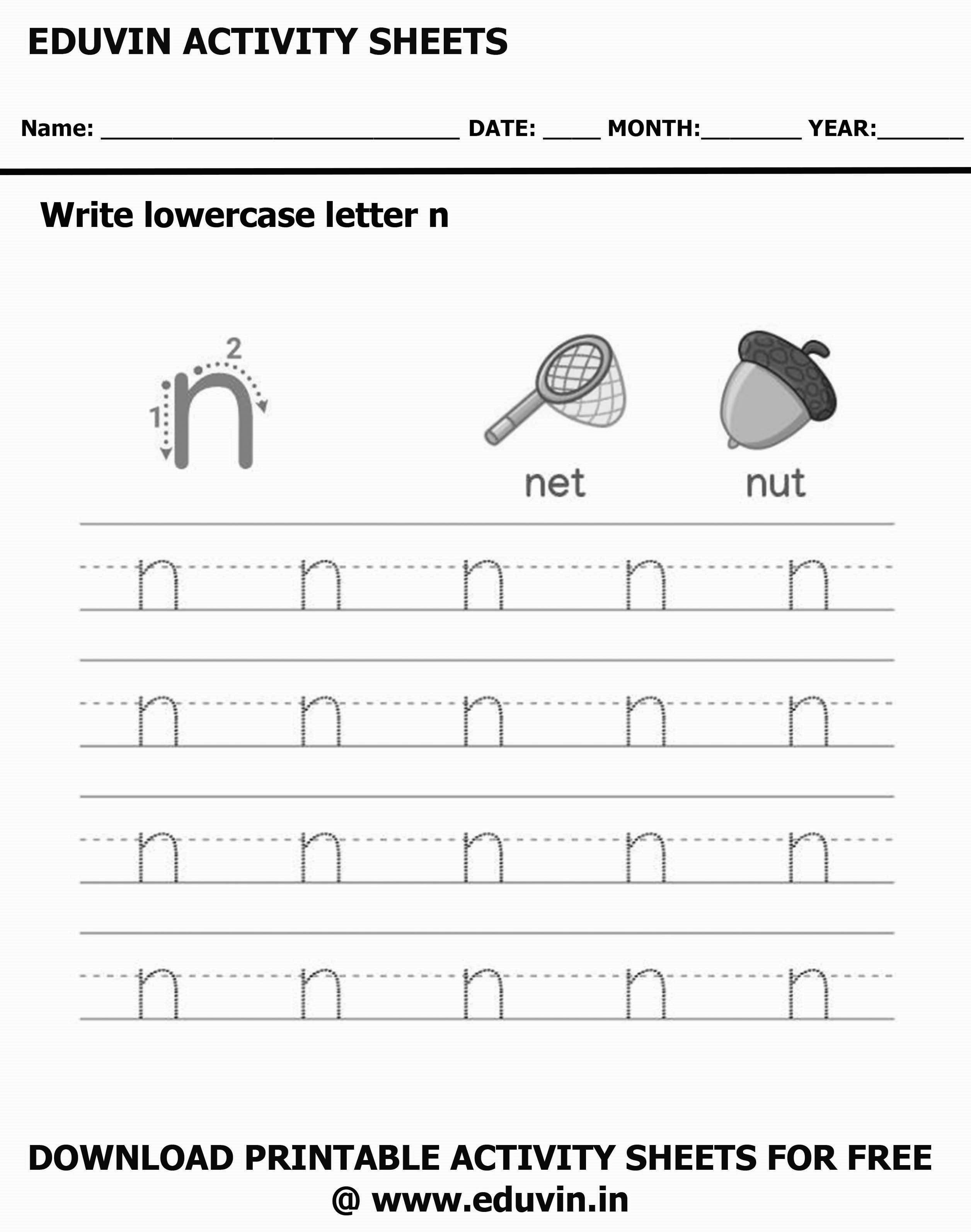 Lowercase Alphabet n Worksheets | Letter n Trace and Write Activity Sheet For Tracing and Letter Writing For Kids