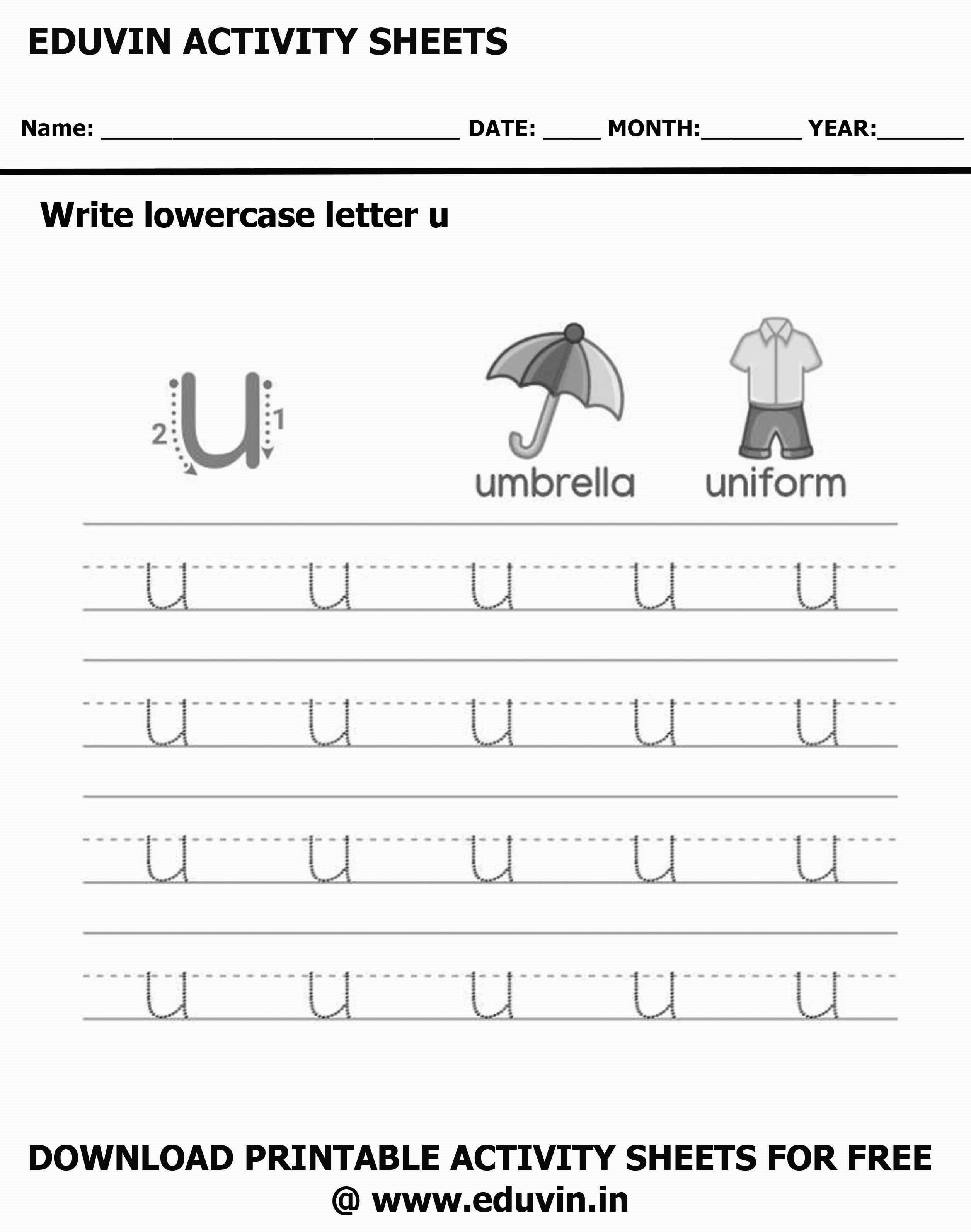 Lowercase Alphabet u Worksheets | Letter u Trace and Write Activity Sheet For Tracing and Letter Writing For Kids