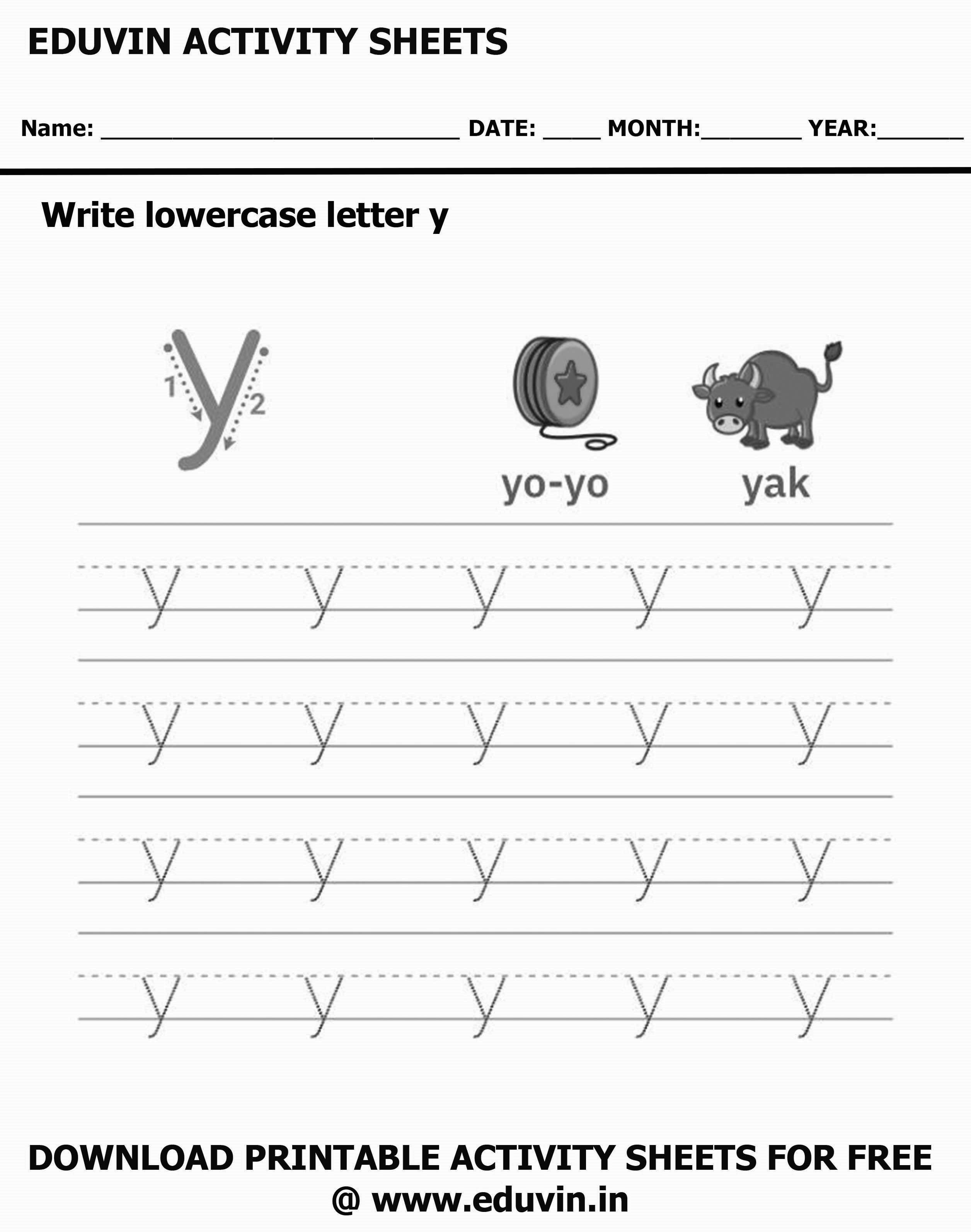 Lowercase Alphabet y Worksheets | Letter y Trace and Write Activity Sheet For Tracing and Letter Writing For Kids