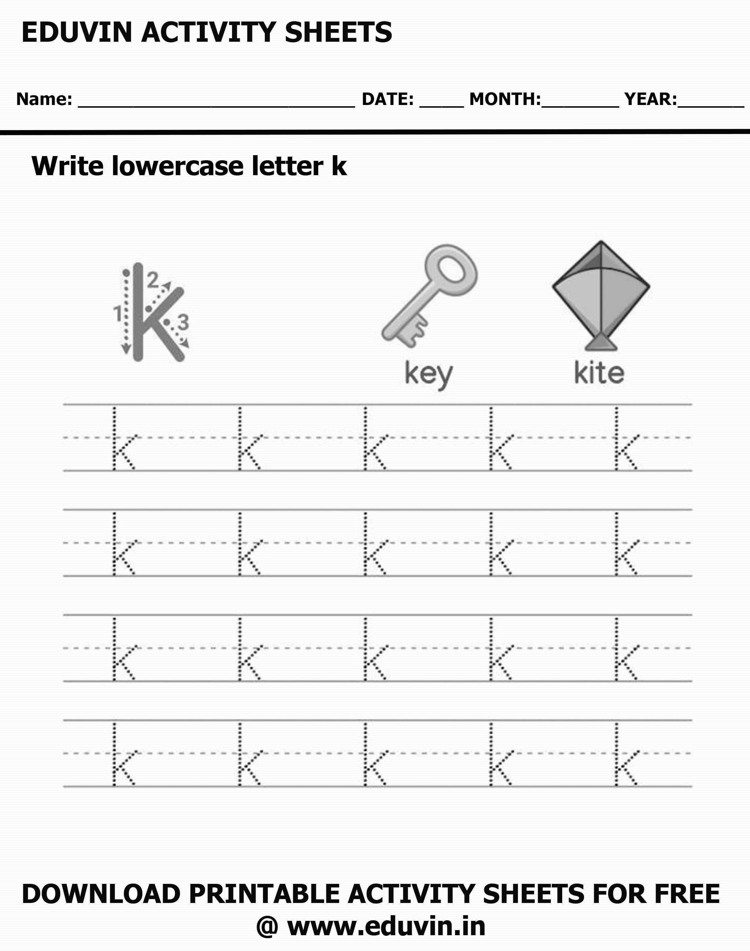 Lowercase Alphabet k Worksheets | Letter k Trace and Write Activity Sheet For Tracing and Letter Writing For Kids