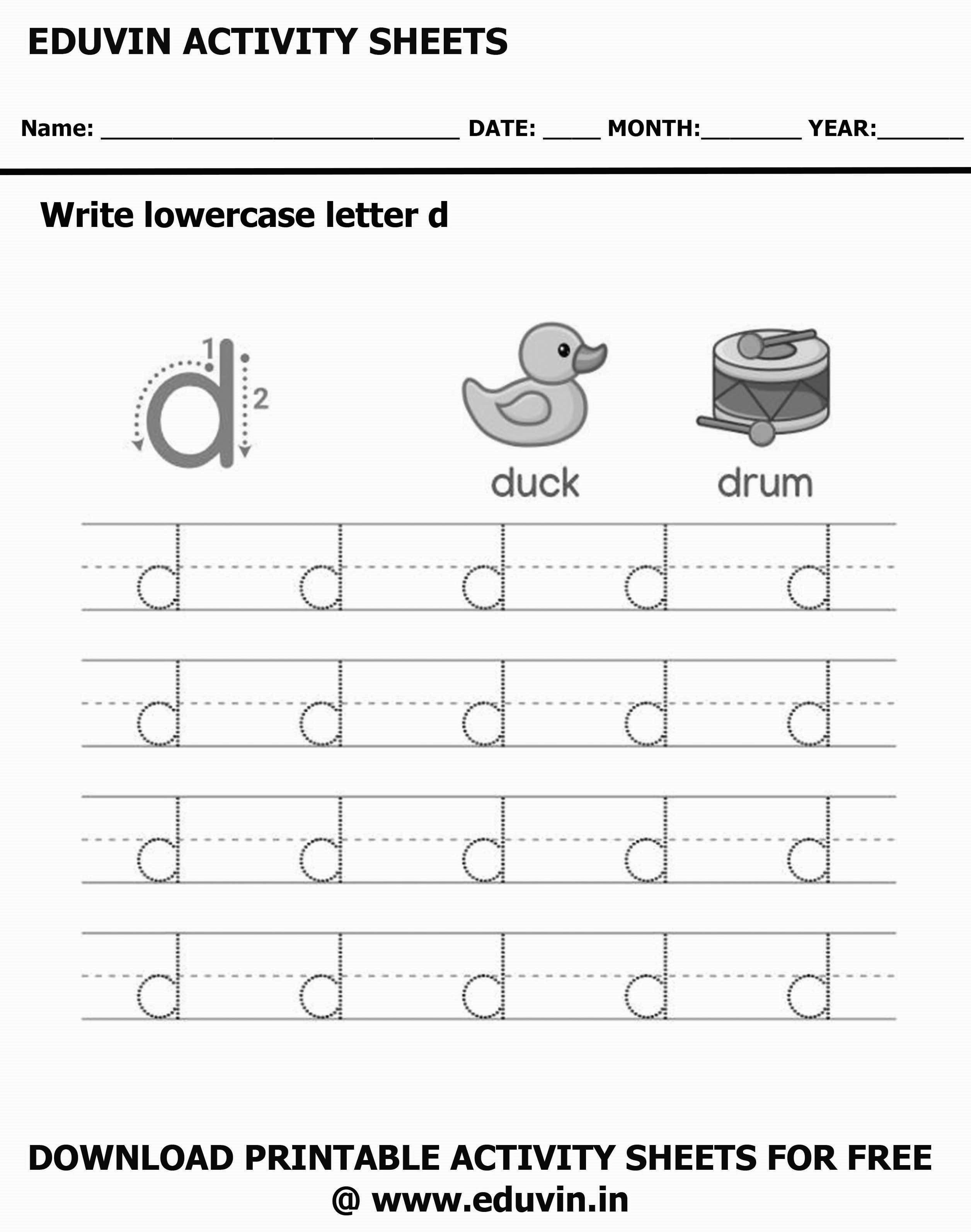 Lowercase Alphabet d Worksheets | Letter d Trace and Write Activity Sheet For Tracing and Letter Writing For Kids